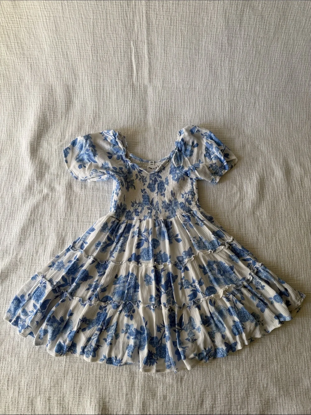 art class Girls White and Blue Floral Smocked Tiered Dress